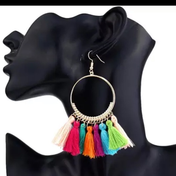 Colorful Ethnic Tassel Cotton Circle Drop Earrings - Picture 3 of 3